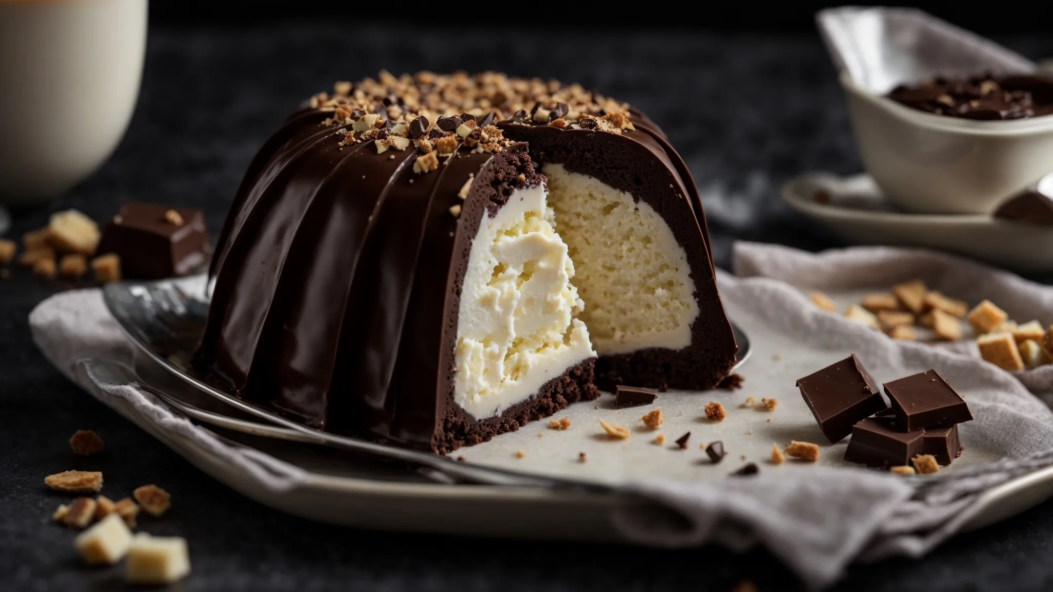 a traditional mozartkugel unwrapped and cut in half to reveal its layered marzipan, nougat, and dark chocolate composition.