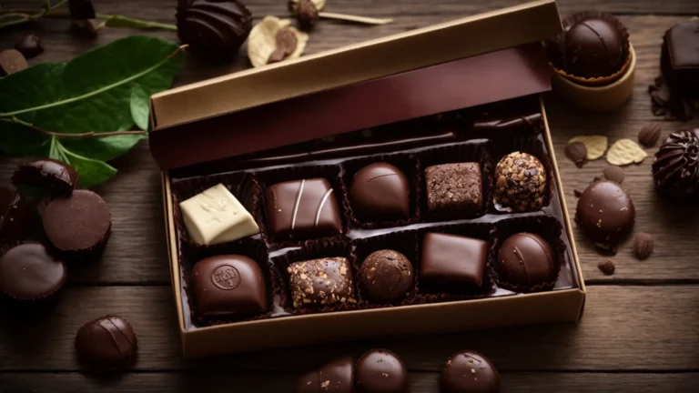 a collection of assorted vegan chocolates artfully arranged in an open, eco-friendly box against a rustic wooden background.