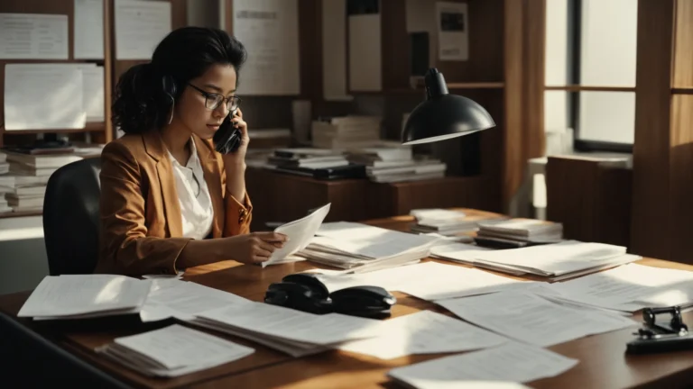 a person sits at a desk, surrounded by financial documents, speaking confidently on the phone.