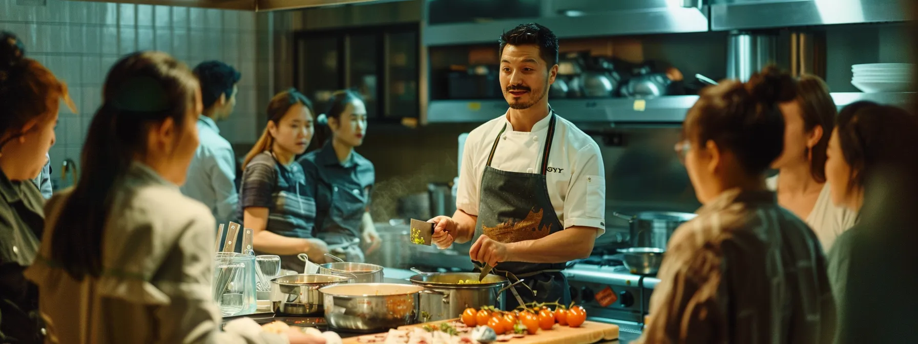 a group of students in a cooking class in nyc eagerly watching the instructor demonstrate knife skills.
