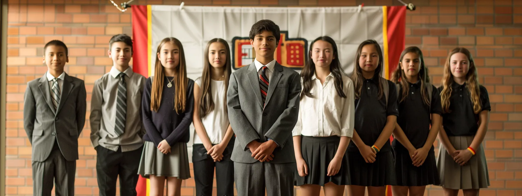 a group of students standing proudly in front of a banner displaying the middle school honor society logo.
