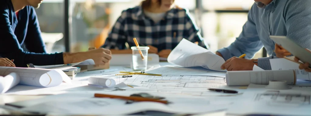 business professionals are sitting around a table discussing plans with blueprints and materials samples scattered around them.
