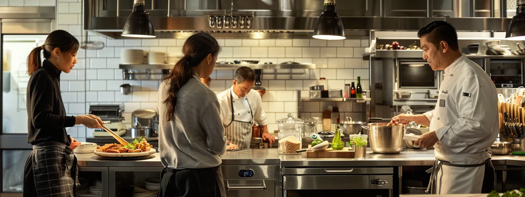 business professionals inspecting a modern, well-equipped kitchen in a nyc cooking class.
