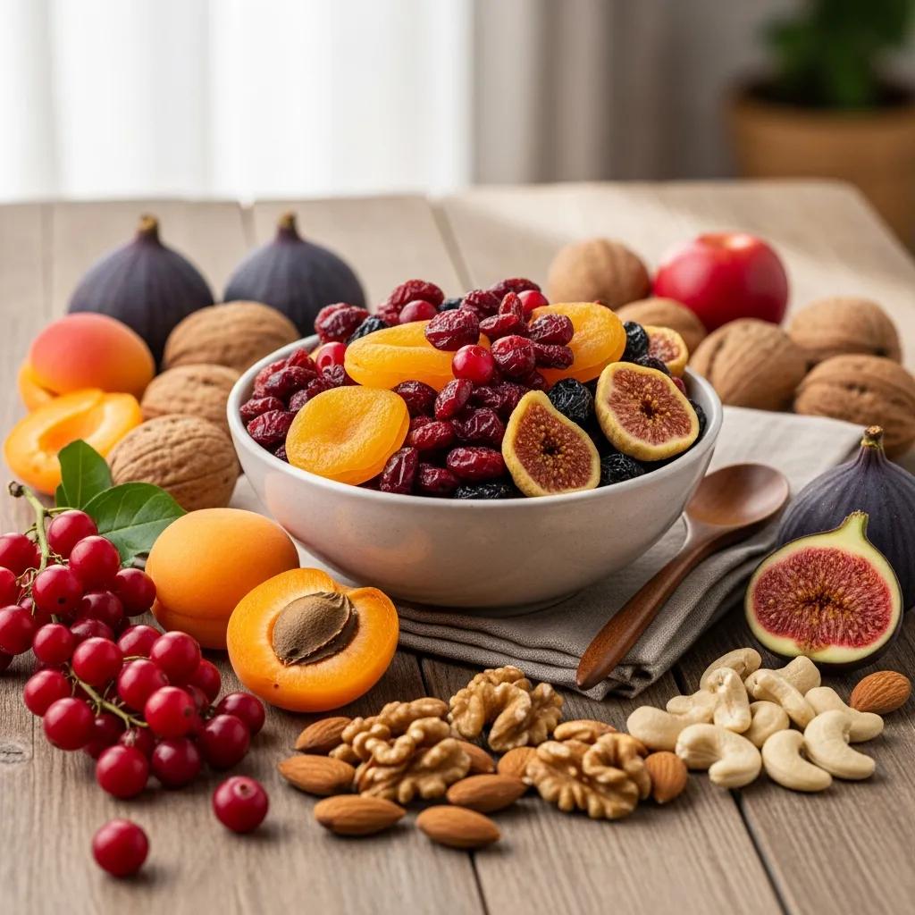Bowl of premium organic dried fruits surrounded by fresh fruits and nuts