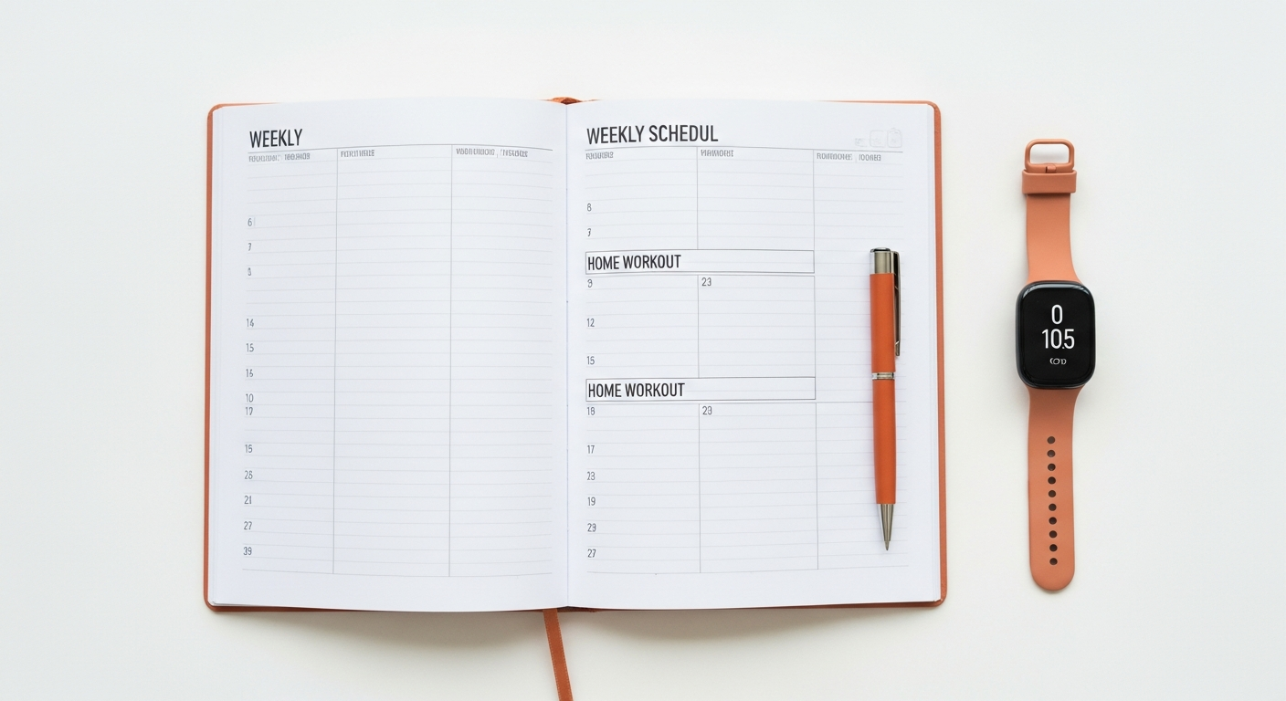 Woman stretching before a home workout routine with yoga mat and dumbbells, symbolizing fitness for busy women