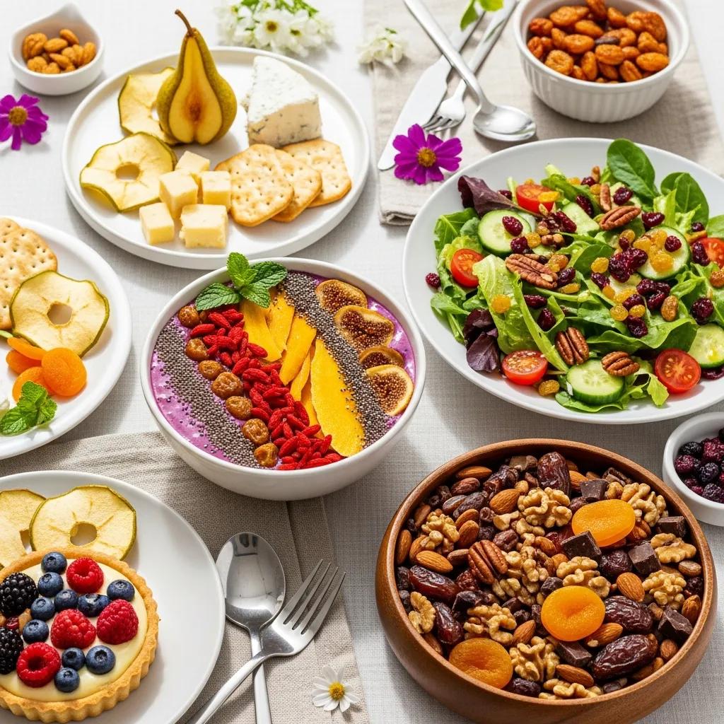 Table setting with dishes featuring gourmet dried fruits in various recipes