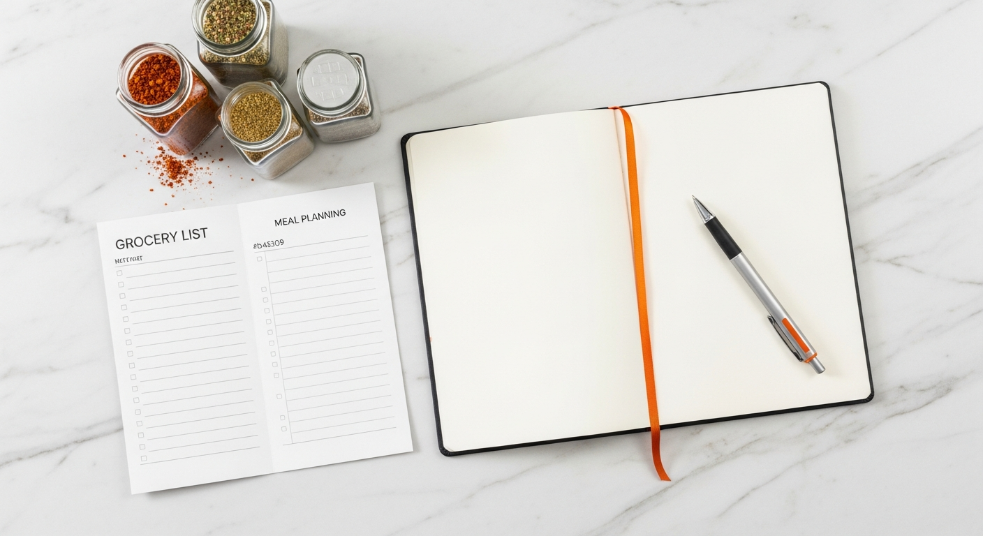 Woman organizing ingredients for weekly meal planning with fresh produce and spices