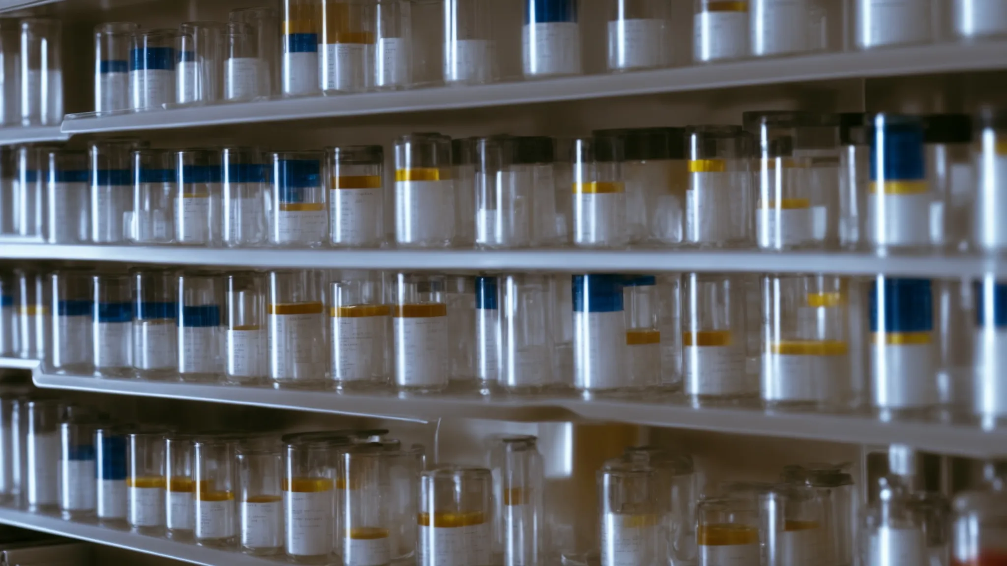 rows of neatly labeled vials containing peptides fill a laboratory shelf, ready for research.