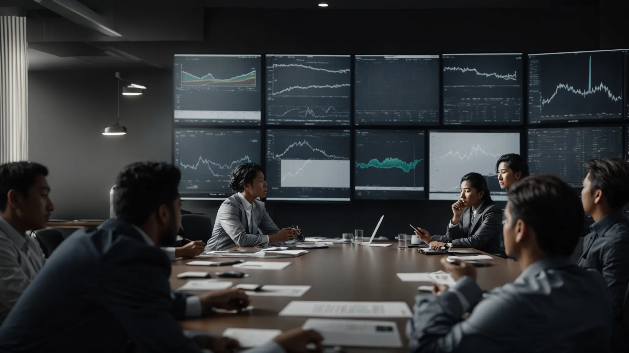 a team of professionals gathers around a conference table, discussing strategies over multiple computer screens displaying graphs and flowcharts.