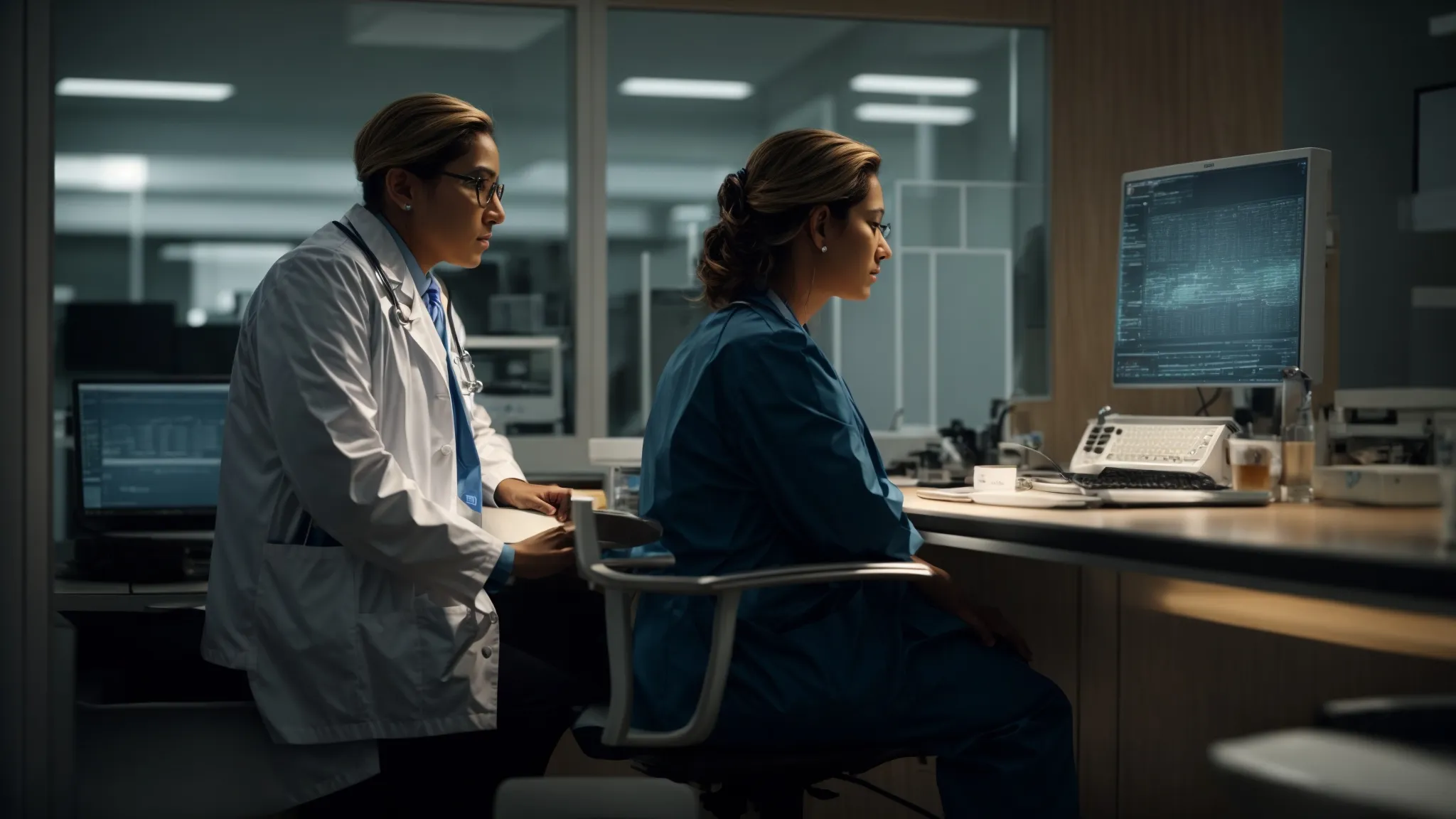 a doctor intently listens to a patient during a consultation while a computer screen in the background displays advanced medical software.