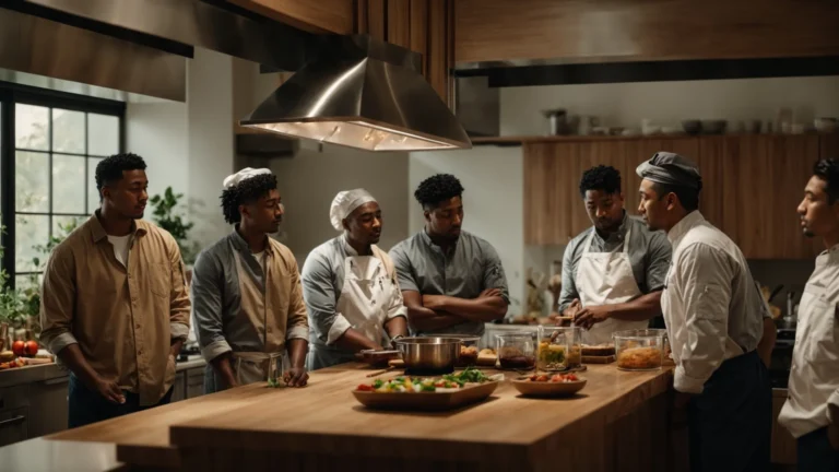 a diverse group of people gathers around a kitchen island, attentively watching a chef demonstrate cooking techniques.