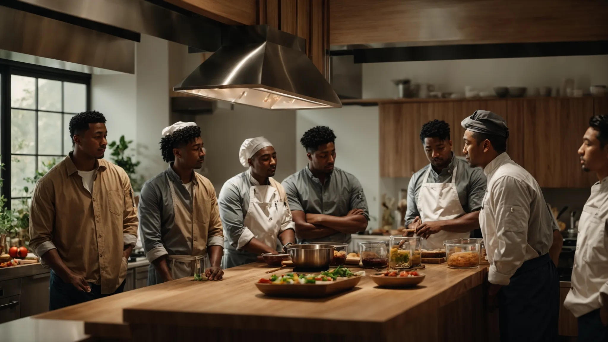a diverse group of people gathers around a kitchen island, attentively watching a chef demonstrate cooking techniques.