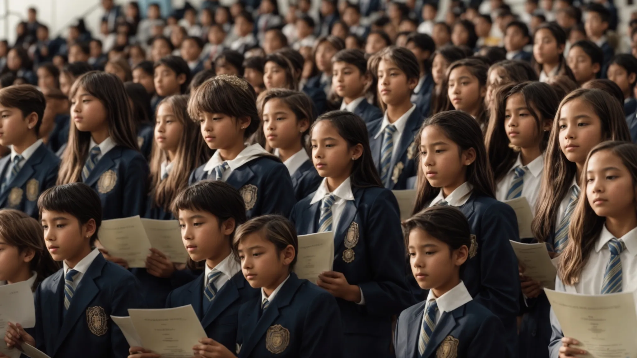 a group of middle school students proudly display their honor society certificates on stage during an awards ceremony.